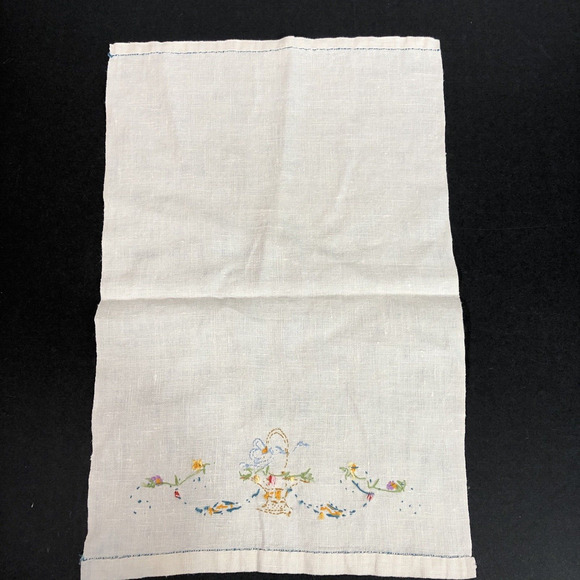 Retro Tea Towel Embroidered Flower Basket with Stripe, Pink Blue Yellow Vintage - Picture 7 of 8
